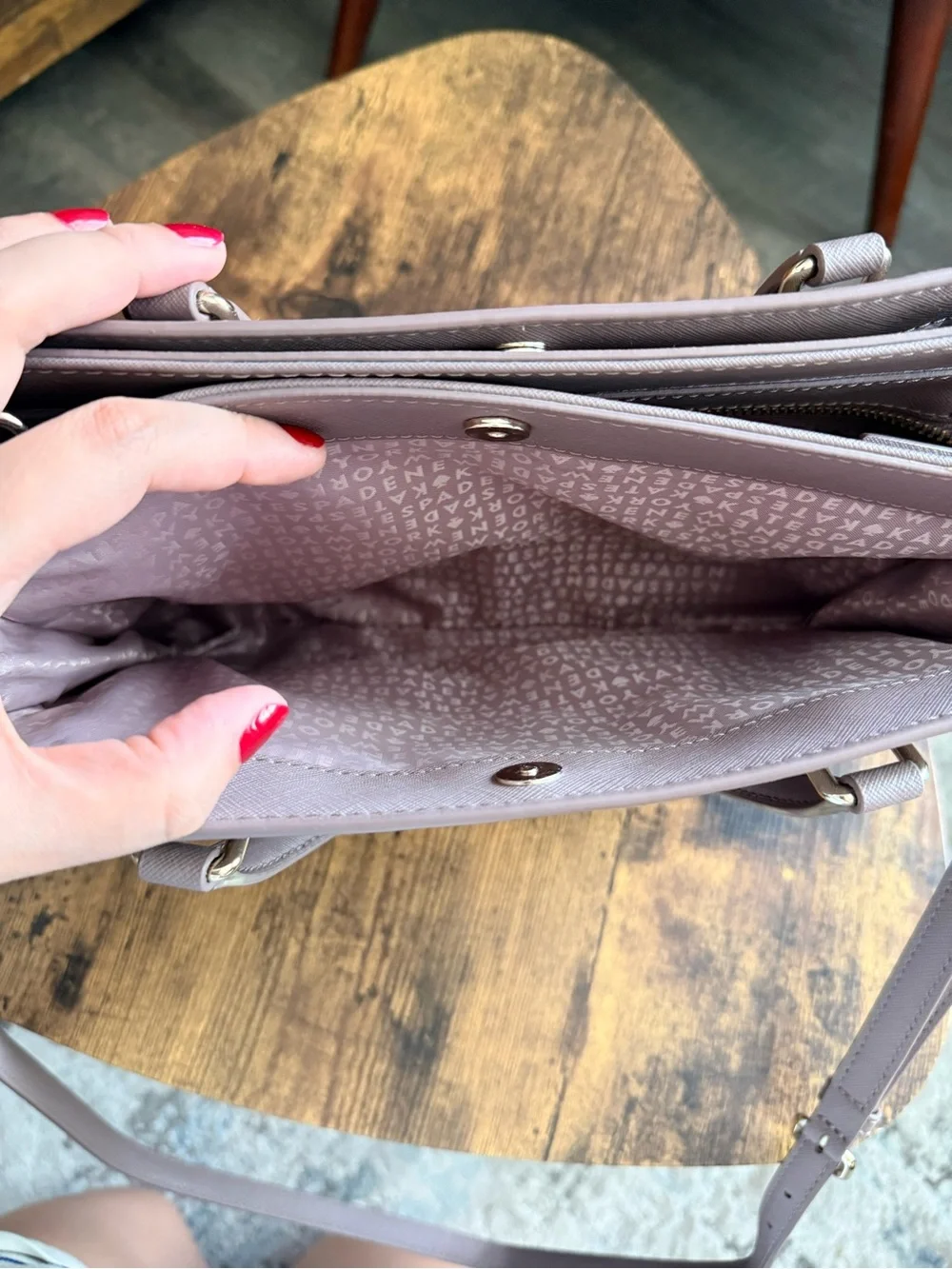 kate spade taupe mauve leather satchel with gold hardware